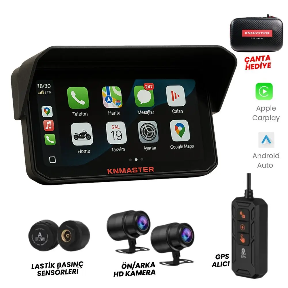 KNMASTER MOTOPLAY 2000 – 6.25” 2K Çift Kameralı Kablosuz CarPlay & Android Auto Destekli Motosiklet Multimedya Ekranı