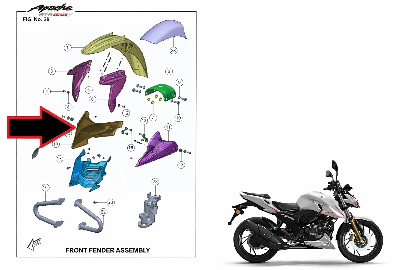 TVS Apache RTR 200 Ön Panel Sağ Beyaz Etiketli