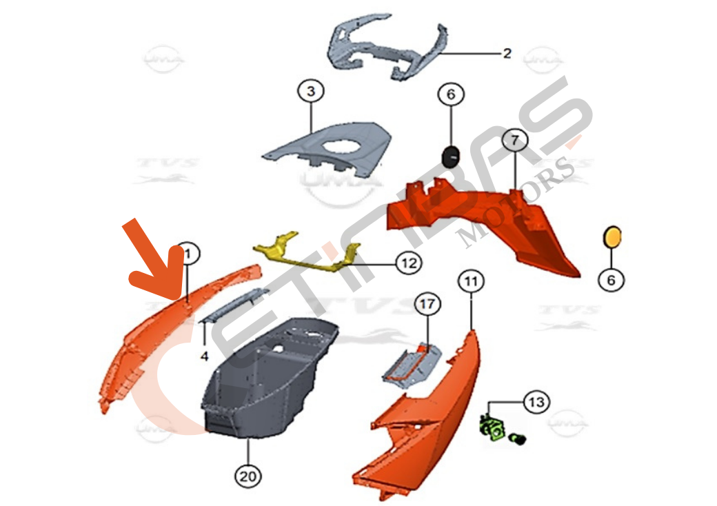 TVS Ntorq 125 Sele Altı Yan Grenaj Sağ Alt Siyah Kırmızı Etiketli